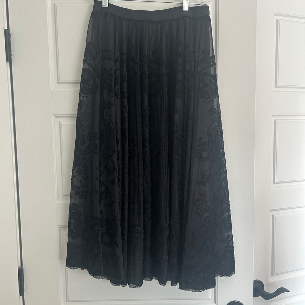 Baltic Born Black Midi Skirt with mesh and velvet lace overlay Size Large NWT
